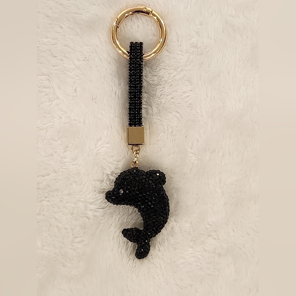 Elegant Black Dolphin Rhinestone Keychain Bag Charm